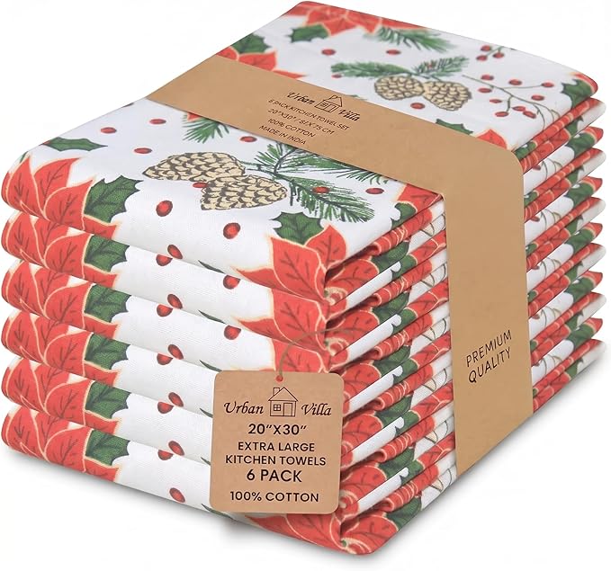 Urban Villa Christmas Kitchen Towels Pine Cone Print Multi Color, Premium Quality,100% Cotton Dish Towels Mitered Corners (Size: 20X30 Inch), Highly Absorbent Bar Towels & Tea Towels - (Set of 6)