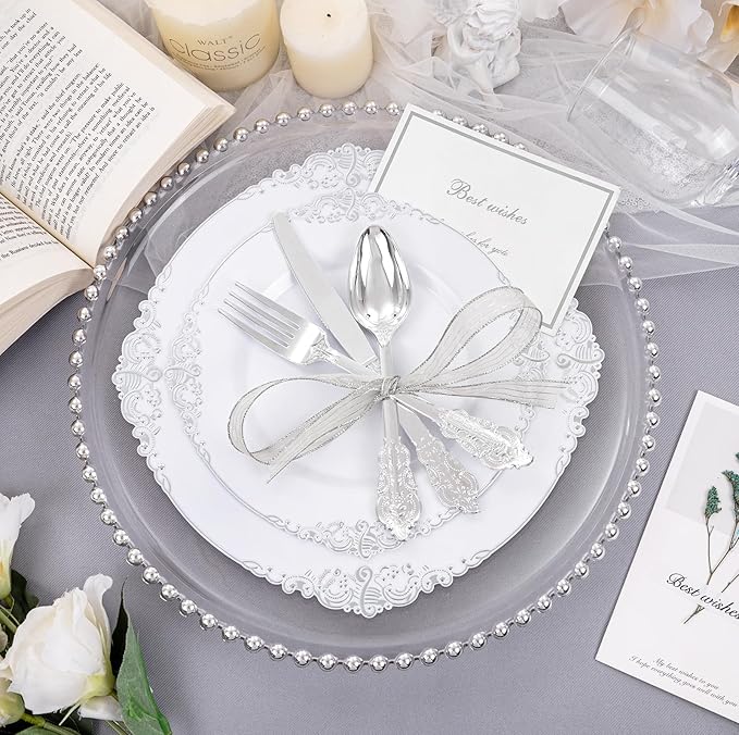 Liacere 150PCS Silver Plastic Plates with Silver Cutlery - Disposable Plastic Plates Include 30Dinner Plate, 30Dessert Plate, 30Knives, 30Spoons, 30Forks - Ideal for Wedding & Party
