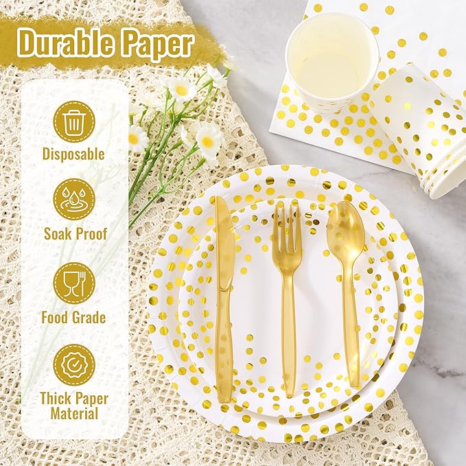 Fijinhom White and Gold Dot Paper Plates Set, 175 PCS Party Supplies, Disposable Dinnerware Set for 25 Guests, Gold Dot Paper Plates Napkins Cups Gold Plastic Forks Knives Spoons for Christmas
