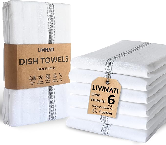 Bulk Kitchen Towels Cotton for Chefs in Commercial Restaurants - 15"X25" - 6 Pack - White Linen Tea Dish Towels - Lint Free Soft Absorbent Center Gray Striped Herringbone Weave Towles