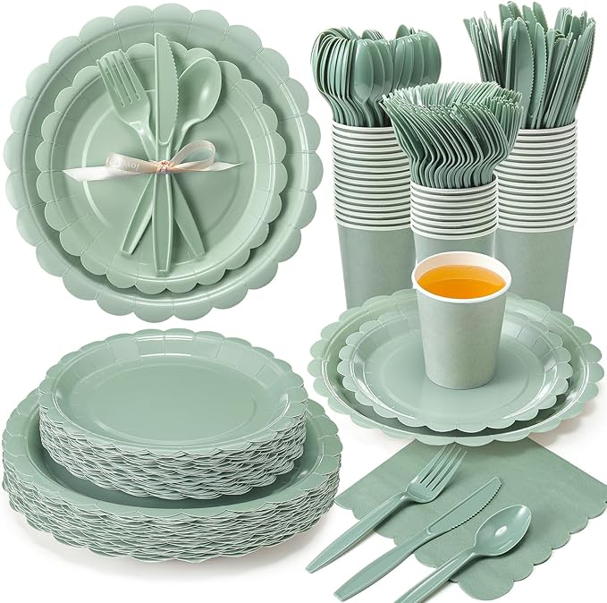 Ziliny 350 Pcs Sage Green Plates and Napkins, 50 Guest Graduation Party Supplies Include Scalloped Paper Plates Napkins Cups Plastic Spoons Forks Knives Disposable Tableware Set for Baby Shower