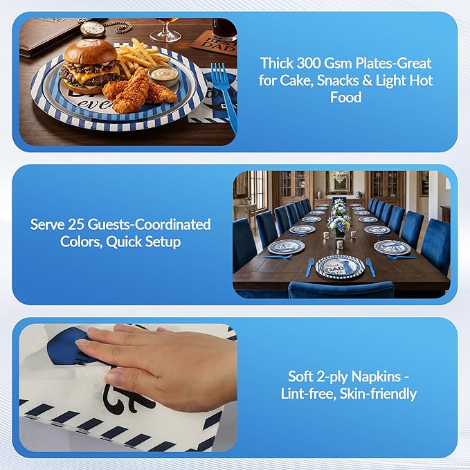 100 Pcs Father's Day Party Supplies for 25 Guests, Heavy-Duty 7" & 9" Paper Plates, 2-Ply 13" Napkins & Plastic Forks, Disposable Tie Theme Tableware Set for Dad BBQ Dinner Party