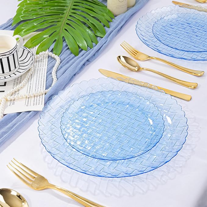 Festiva 60PCS Clear Blue Plastic Plates - Heavy Duty Weave Pattern Fancy Disposable Plates -serve for 30 guests Include 30PCS 10" & 30PCS 7" Plates for Birthday & Easter Party(Blue)