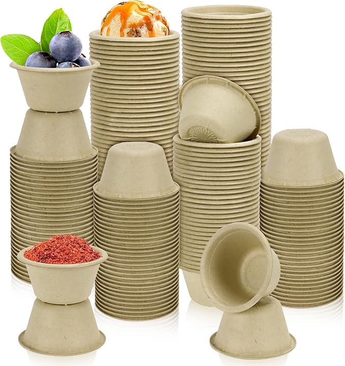 LeonBach 200 Pack 2oz Natural Sugarcane Paper Bowls, Compostable Paper Condiment Snack Sample Tasting Serving Cups Biodegradable Food Containers Small Dipping Cup