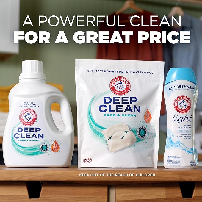 ARM & HAMMER Deep Clean Free & Clear Liquid Laundry Detergent, Free of Dyes, and Perfumes, Dermatologist Tested, 102 Fl Oz, 68 Loads