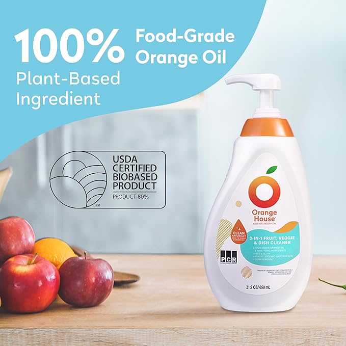 ORANGE HOUSE 3 in 1 Plant Based Dish Soap, Non Harmful Ingredients Veggie Wash, Orange Oil Fruit and Vegetable Wash, Convenient Fruit Wash, 21.9 Fl Oz Fruit Cleaner, Natural Dish Soap (1 Pack)