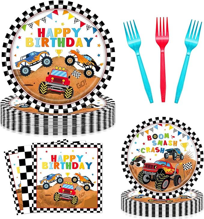 96 Pieces Monster Truck Plates and Napkins Birthday Party Supplies, Black and White Checked Monster Car Disposable Tableware with Paper Plates Napkins and Forks for Birthday Party Decor - Serves 24