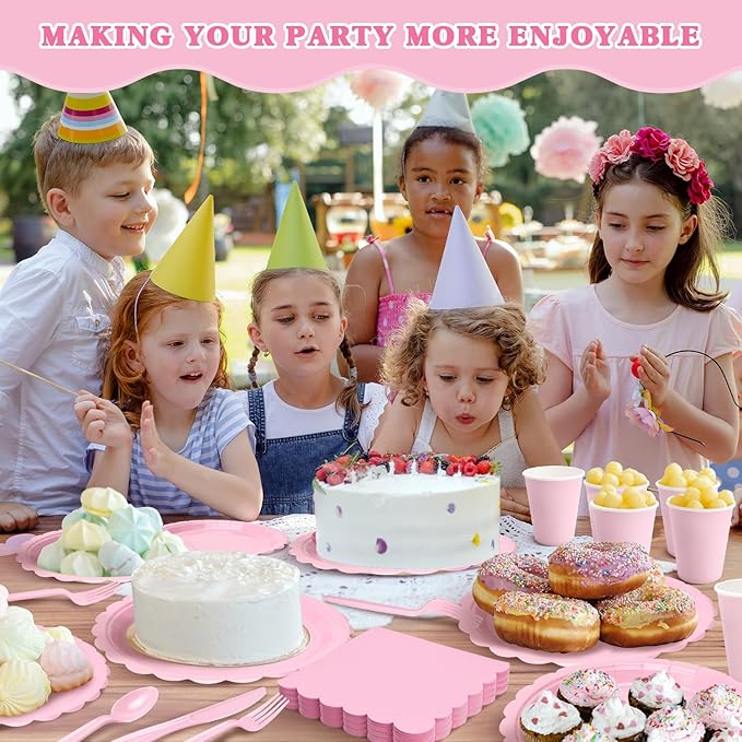 Vyntra 350 Pcs Pink Paper Plates and Napkins Set for 50, 9" Dinner Plates & 7" Dessert Plates, Tableware for Birthday Party, Mother's Day