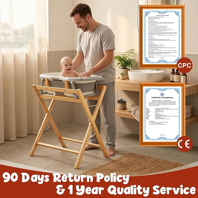 FUNLIO Wooden Baby Bathtub Stand, Foldable Baby Bath Stand for 0-24 Months, Safe & Sturdy with 8-Point Support, Durable infant Tub with Waterproof Coating, 110lbs Capacity