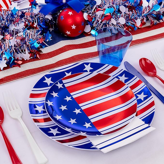 Festiva 175Pcs 4th of July Plates & Red White Blue Disposable Plastic Silverware &Clear Blue Cups-American Flag Patriotic Party Supplies for,4th of July&Memorial Day