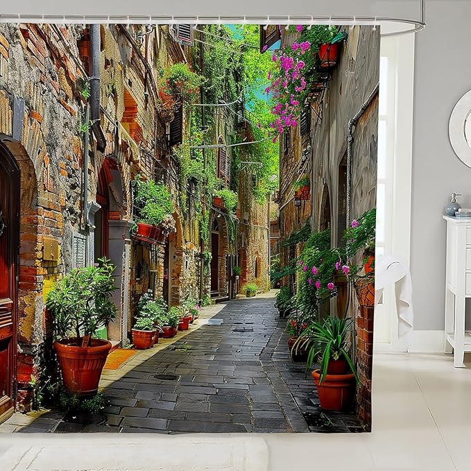 Floral Bath Curtain European Town Shower Curtain For Kids Boys Girls Tuscan House Building Bathroom Shower Curtain Set Cobblestone Alley Italian Street Waterproof Shower Curtain with Hooks 72x84 Inch
