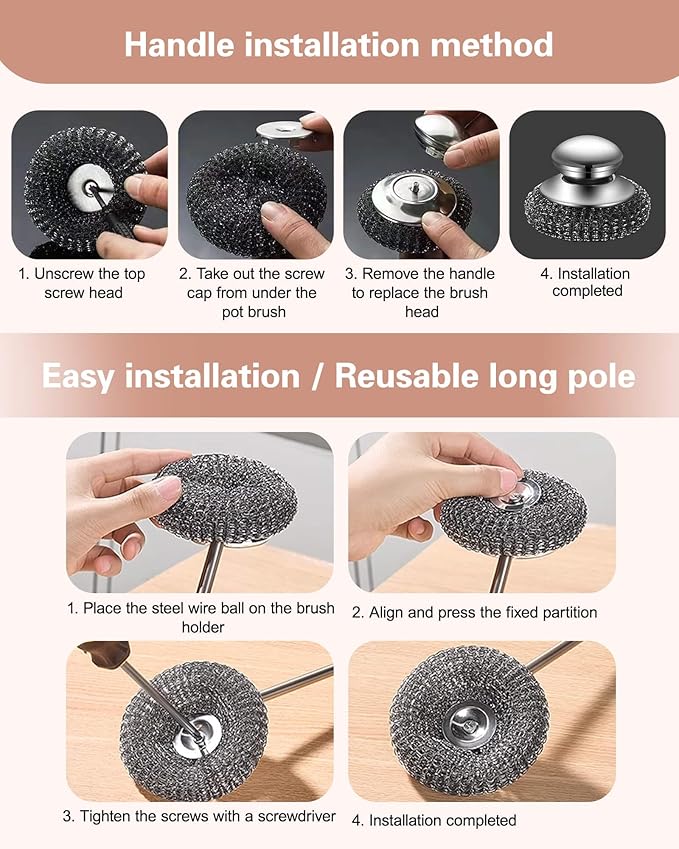 5 Pack Stainless Steel Wool Scrubber Set - Heavy Duty Metal Sponge Scouring Pad for Cast Iron Skillet,Grill,Pots,Cookware,Dish - Include Short & Long Handle & 3 Pads Protects Hands & Nails