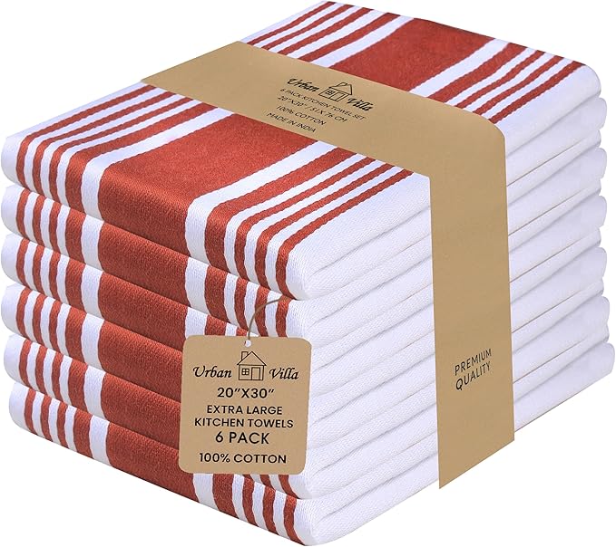 Urban Villa Kitchen Towels 100% Cotton Dish Towels for Kitchen (Set of 6) 20”x30” Dish Cloths Highly Absorbent Kitchen Linen Set with Hanging Loop Perfect for Drying Dishes Cleaning Towels-Rust White