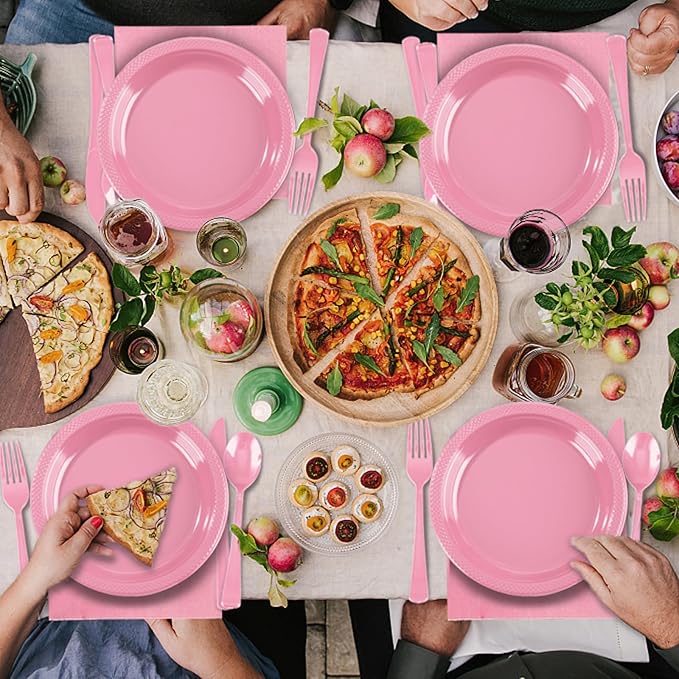 Pink Plastic Plates, 25 Guest Pink Party Supplies Set, Pink Disposable Dinnerware Set, Including Plastic Plates, 12 oz Cups, plastic Cutlery and Paper Napkins for Mothers Day Party Wedding Birthday