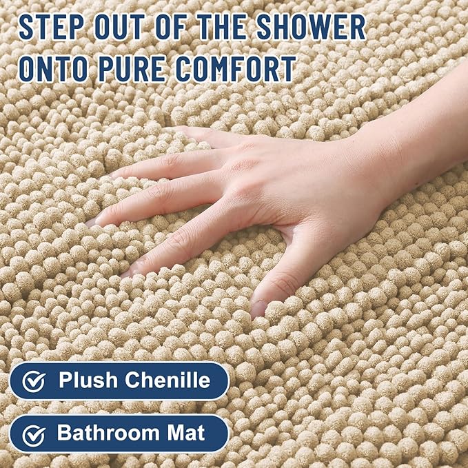 Grandaily Chenille Striped Bathroom Rugs 47x24, Extra Thick and Soft Absorbent Bath Mats, Rubber Backing, Plush Shaggy Shower Carpet, Machine Wash Dry, Bath Rug for Bathroom, Light Beige