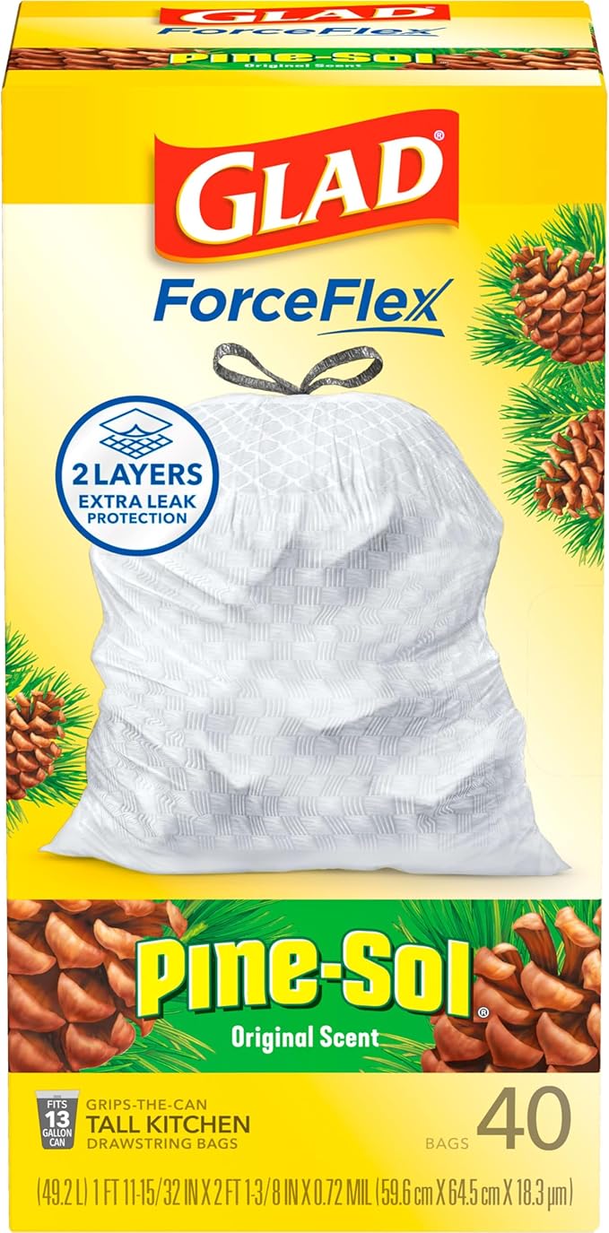 Glad ForceFlex Tall Kitchen Drawstring Trash Bags, 13 Gal, Pine-Sol Original, 40 Count (Pack of 2)