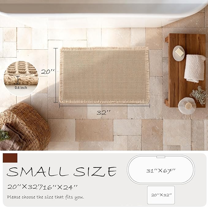 DWCN Brown Waffle Bathroom Mat, Boho Bath Rugs Super Absorbent Non Slip Bath Mats for Bathroom Floor, Ultra Soft Farmhouse Shower Mats for Tub and Shower, 20 x 32 Inch