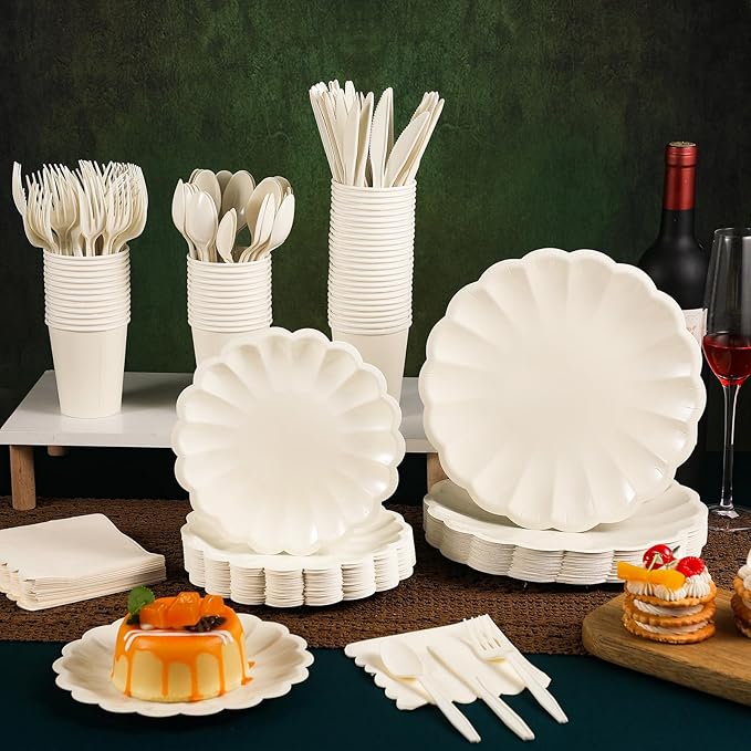 Newtay 350 Pcs Cream White Scalloped Paper Plates Shell Edge Disposable Tableware Cocktail Napkins Cups Plastic Spoons Forks Knives for Wedding Baby Shower Picnic Birthday Party Supply for 50 Guests
