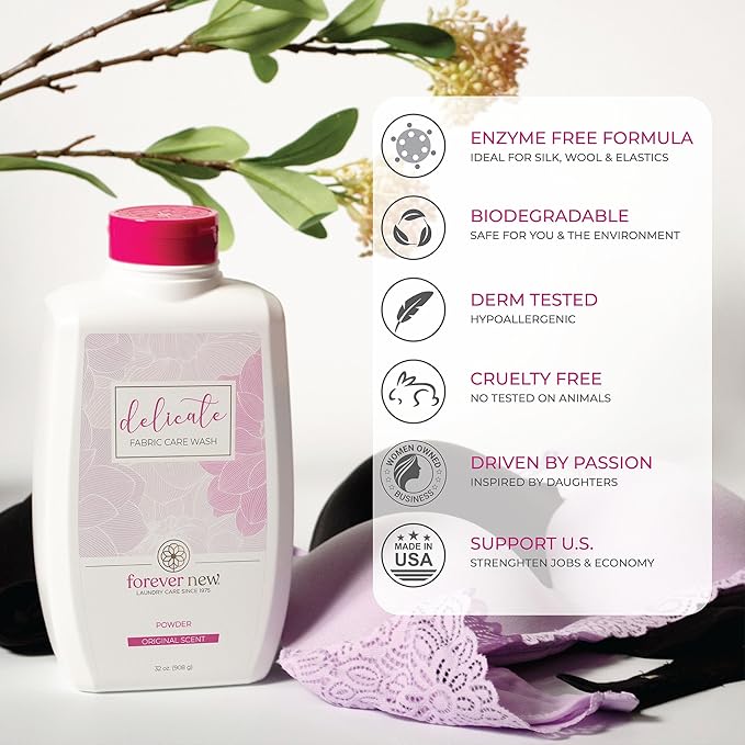 FOREVER NEW Delicate Hypoallergenic Laundry Detergent Liquid - 100 to 128 Large Loads - Gentle washing detergent for Silk, Cashmere, Bra, Undergarments, Wool etc. - Unscented - 32oz (2pack)