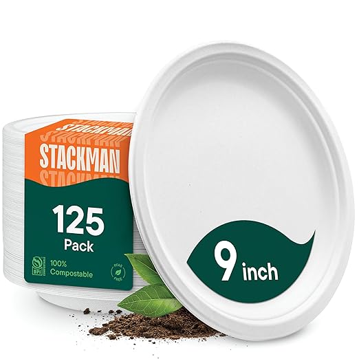 100% Compostable Paper Plates, Heavy Duty Disposable Plates [125-Pack] 9 Inch Plates - Eco-Friendly, Biodegradable Sugarcane Bagasse, Natural White 9" Sturdy Dinner Paper Plate Disposable