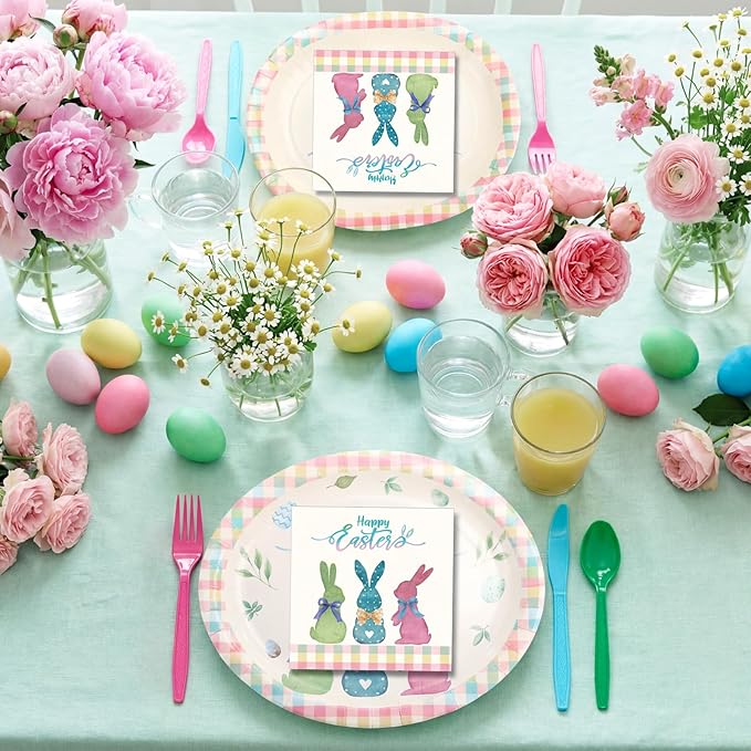 Havawish 350 Pcs Easter Bunny Party Supplies Happy Easter Disposable Tableware Set Pastel Buffalo Plaids Bunny Eggs Oval Paper Plates Cups Napkins Fork Knife Spoon for Spring Party Table Decorations