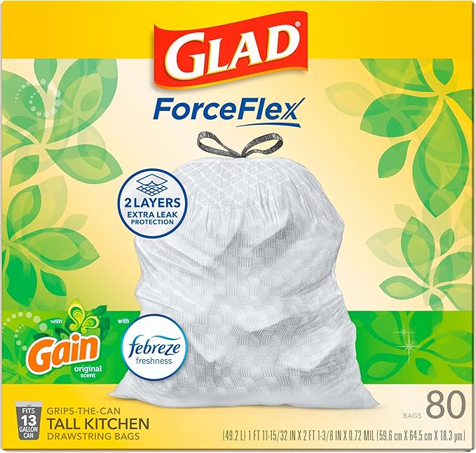 Glad ForceFlex Tall Kitchen Drawstring Trash Bags,13 Gal,Gain Original,80 Ct (Package May Vary),(Pack of 3)