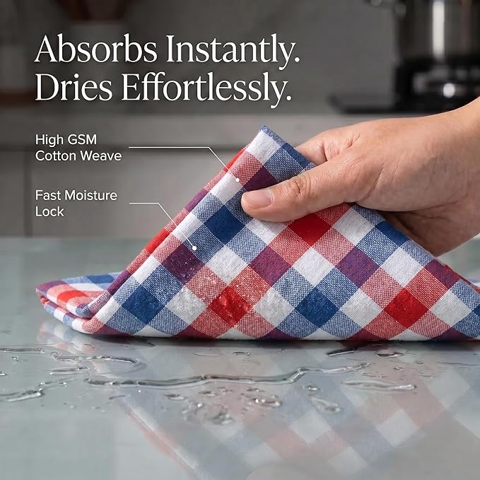 Urban Villa July 4th KitchenTowels Red/Blue/White DishTowels 100% Cotton (Set of 6) 20X30 Inches Buffalo Checks Highly Absorbent Soft Durable Reusable & Washable Kitchen Towels