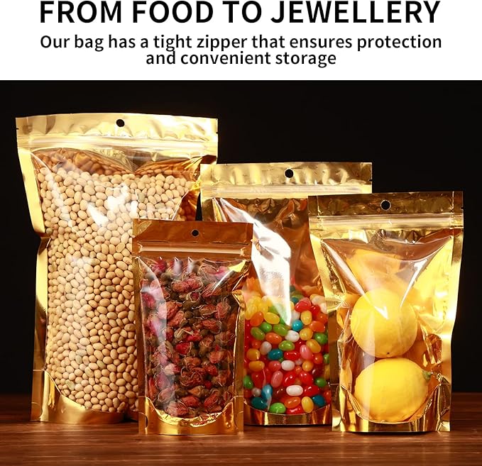 200 Pcs 1 Gallon Mylar Bags for Food Storage 10x14 Mylar Bag with Window Stand Up Resealable Bags Smell Proof Bag Food Packaging for Small Business Freeze Dried Candy Jewelry Foil Packaging
