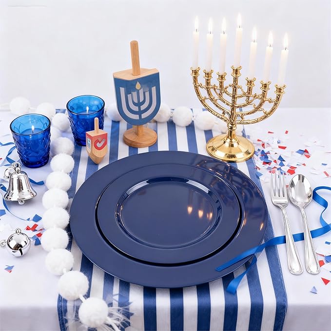 FLOWERCAT 100PCS Blue Plastic Plates - Heavy Duty Blue Disposable Plates for Memorial/Birthday Party/Graducation - Include 50PCS 10.25inch Dinner and 50PCS 7.5inch Dessert/Salad Plates for 50 Guests