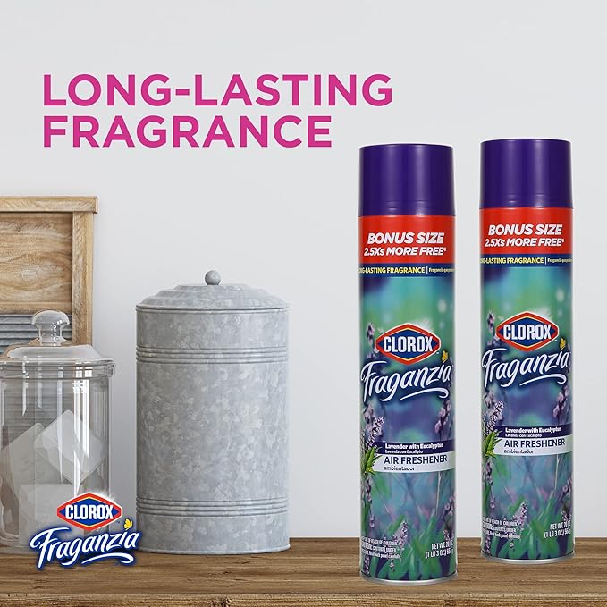 Clorox Fraganzia Aerosol Air Freshener in Lavender with Eucalyptus Scent - Long-Lasting Room Spray, Odor Eliminator for Home, Bathroom, and Bedroom, 20 oz Bonus Size - 12 Pack