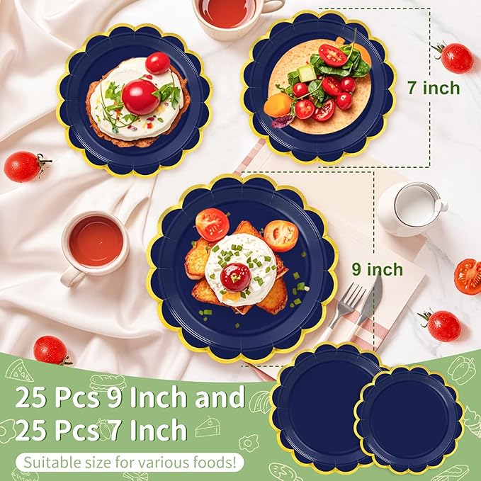 50 Pcs Navy Blue Paper Plates, 25 Pcs 9" and 25 Pcs 7" Disposable Navy Blue Scalloped Plates with Gold Foil for Graduation Wedding Baby Shower Birthday Party Picnic BBQ Halloween