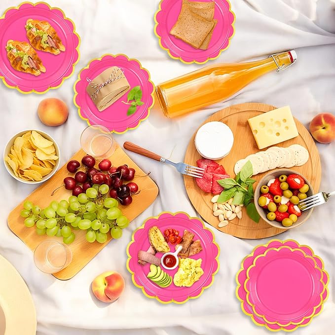 50 Pcs Rose Paper Plates, 25 Pcs 9" and 25 Pcs 7" Disposable Rose Scalloped Plates with Gold Foil for Graduation Wedding Baby Shower Birthday Party Picnic BBQ
