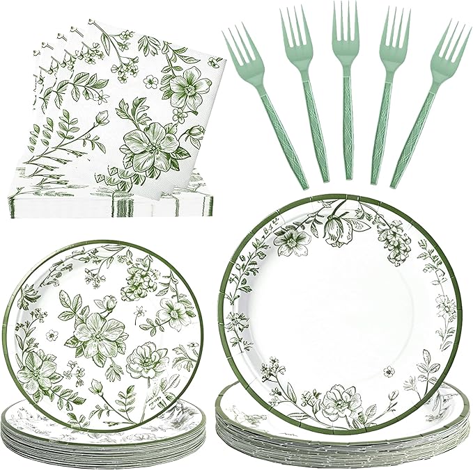 100 Pcs Green and White Floral Party Supplies for 25 Guests, Heavy-Duty 7" & 9" Paper Plates, 2-Ply 13" Napkins & Plastic Forks, Disposable Tableware Set for Bridal Baby Shower and Tea Party