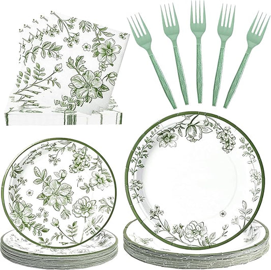 100 Pcs Green and White Floral Party Supplies for 25 Guests, Heavy-Duty 7" & 9" Paper Plates, 2-Ply 13" Napkins & Plastic Forks, Disposable Tableware Set for Bridal Baby Shower and Tea Party