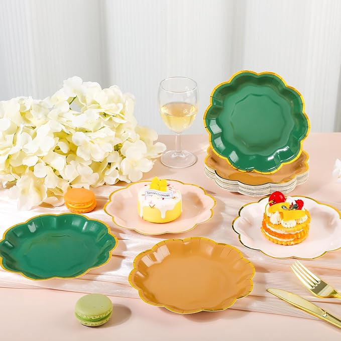 AimFun 48Pcs Woodland Scalloped Party Plates 7 Inch Sage Green Brown Disposable Dessert Plates Gold Foil Border Paper Plates for Birthday Baby Shower Wedding Forest Themed Party Supplies