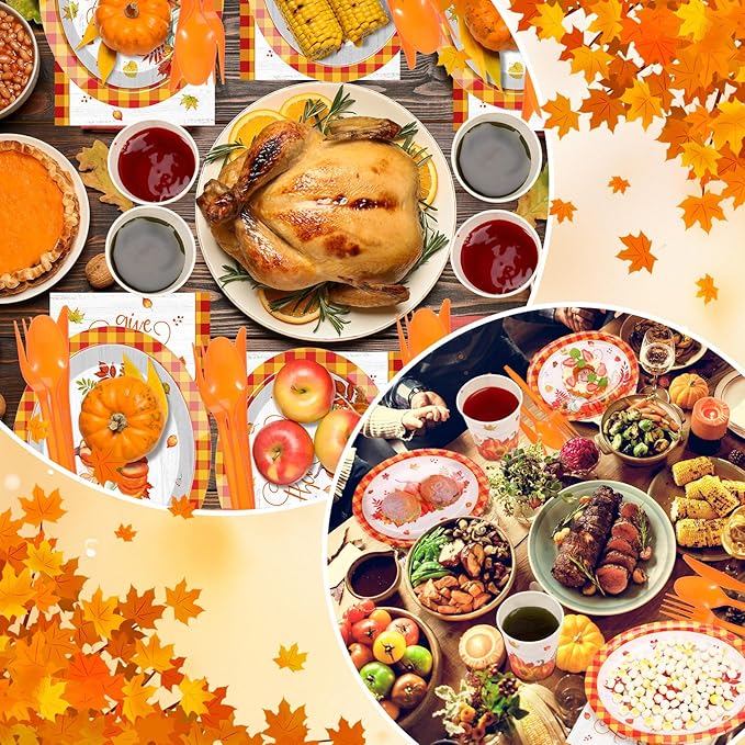 Havawish 350 Pcs Fall Thanksgiving Party Supplies Give Thanks Tableware Set Orange Buffalo Plaids Pumpkin Disposable Oval Plates Cups Napkins Fork Knife Spoon Dinnerware for Autumn Party Table Decor