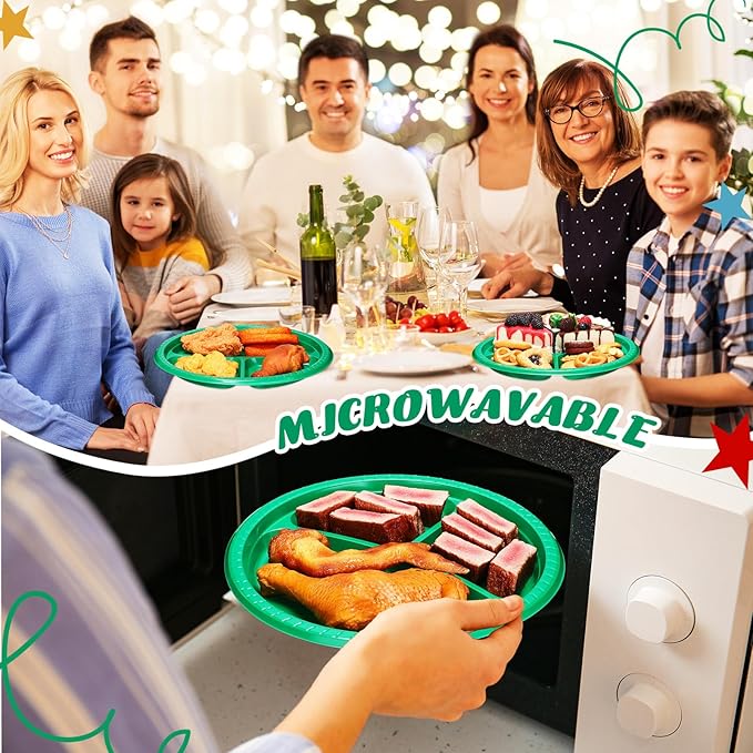 Teenyyou 50 Pcs 10 Inch Plastic 3 Compartment Divided Plates Heavy Disposable Plates Duty Round Dinner Plates with Dividers for Wedding Birthday Party Dinnerware(Green)