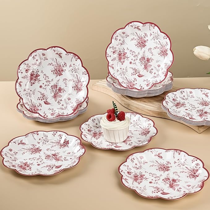 24Pcs Red Floral Party Plates Vintage Floral Leaf Disposable Paper Plate Wildflower Red Toile 7" Scalloped Rim Dessert Plates for Christmas Birthday Bridal Tea Party Supplies