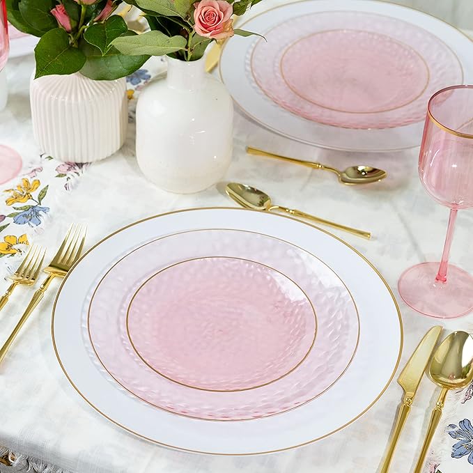 PLASTICPRO 30 Pack Hammered Plastic Plates Heavyweight Disposable Plastic Plates Elegant Clear Rim Platsic Party Dishes (Hammered Pink With Gold Rim, 7'' INCH PLATES)