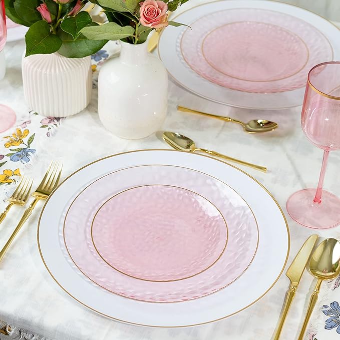 PLASTICPRO 30 Pack Hammered Plastic Plates Heavyweight Disposable Plastic Plates Elegant Clear Platsic Party Dishes (Hammered Pink With Gold Rim, 9'' INCH PLATES)