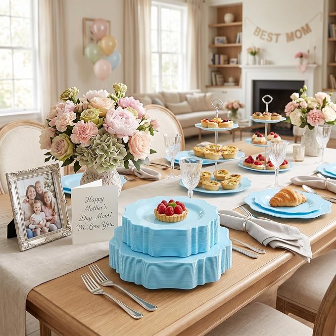 COLOSUS 60Pcs Blue Plastic Plates, Light Baby Blue Party Plates, Heavy Duty 30 Dinner plate 10.5” and 30 Salad/Dessert Plate 8.25” for Easter day, Party,Dinner