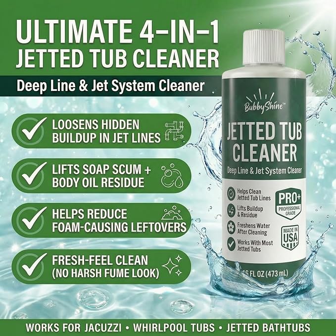 BubbyShine Jetted Tub Cleaner for Bathtub Jets – Deep Cleaning Bathtub Cleaner Formula for Jacuzzi & Whirlpool Tubs, Pro Grade System Flush for Internal Lines and Pipes, Made in USA, 16 oz