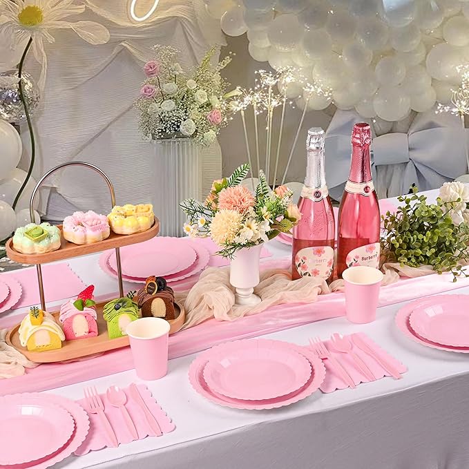 175 PCS Pink Paper Plates and Napkins Set, Pink Party Supplies for 25 Guests Include Scalloped Plate Paper Napkins Cups Knife Fork Spoon for Baby Shower, Birthday, Wedding, Easter Party, Mother's Day