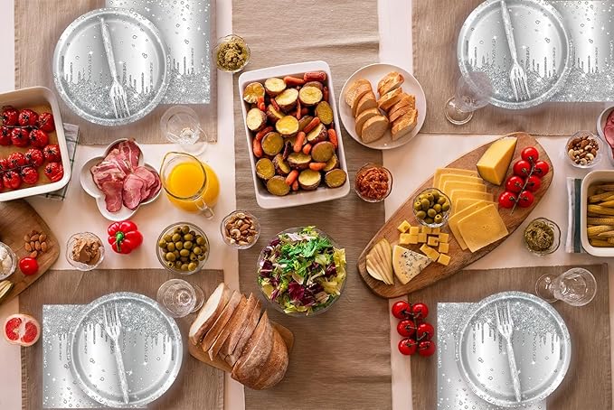 72 Pcs Silver Glitter Paper Plates 7in Disposable Paper Dessert Plates Napkins and Forks Party Tableware Set Happy Birthday Table Decorations for 24 Guests Silver Birthday Wedding Theme Party