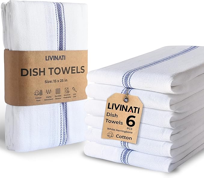 Bulk Kitchen Towels Cotton for Chefs in Commercial Restaurants - 15"X25" - 6 Pack - White Linen Tea Dish Towels - Lint Free Soft Absorbent Center Blue Striped Herringbone Weave Towles