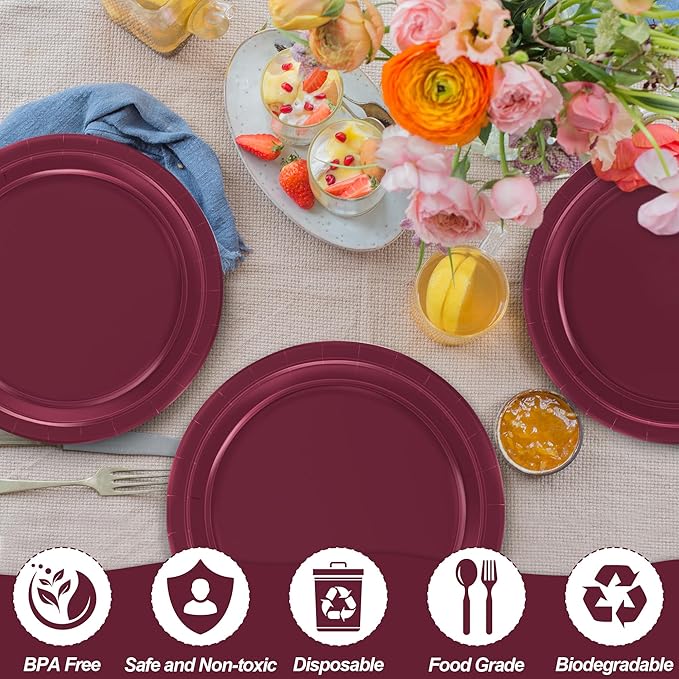 QZYL 50 PCS Paper Plates, Burgundy Heavy Duty Party Plates, Round 9 Inches Disposable Paper Tableware, Everyday Use Plates Set for Daily Meals Wedding Christmas Picnic Supplies