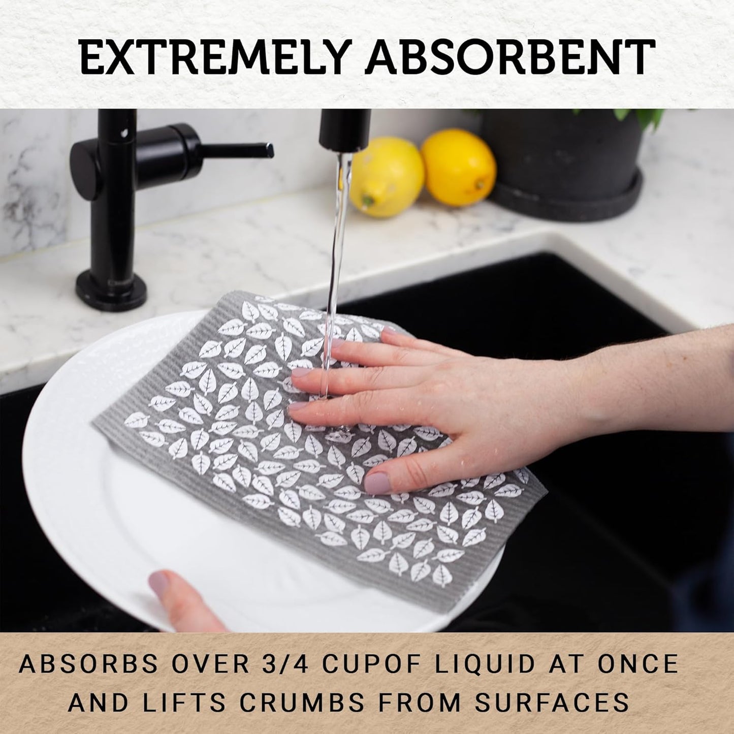 Nordhus Design Large Swedish Dishcloths, 5 Grey Cloths, Made in Sweden - 9.5 x 8 inch Reusable, Washable Cellulose Cotton Kitchen Cloths - Replace Paper Towels, Wipes, Sponges, Dish Rags