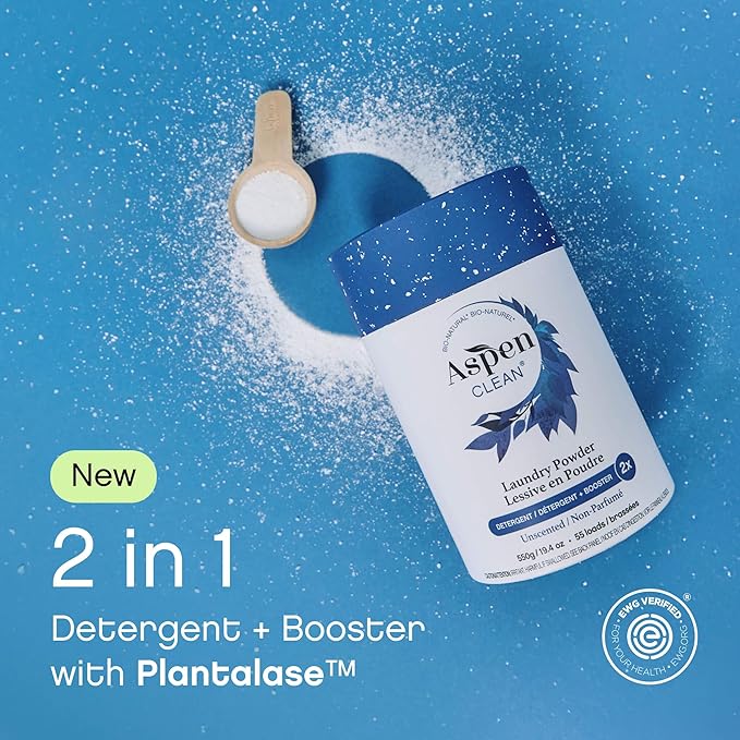AspenClean Laundry Powder + Booster 2-in-1 Unscented 55 Loads Hyper Concentrated Stain & Odor Removal Enzyme Booster Non-Toxic 100% Natural EWG Verified