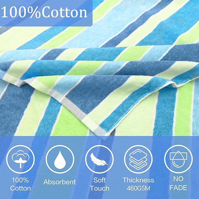 VOOVA & MOVAS Hooded Poncho Towel for Teens Unisex 100% Cotton Bright Colorful Beach Surfing Bath Cover Up Blue Yellow Stripe
