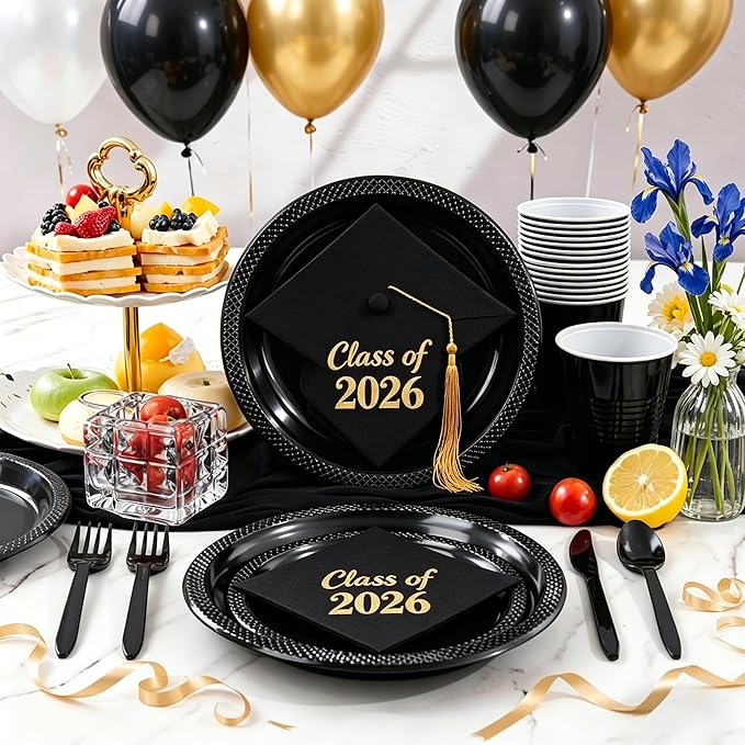 WELLIFE 210 PCS Black Plastic Plates for 30 Guests - Disposable Dinnerware Set Including Dinner Plates, Dessert Plates, 12oz Cups, Cutlery & Napkins, Black Disposable Plates for Party and Birthdays